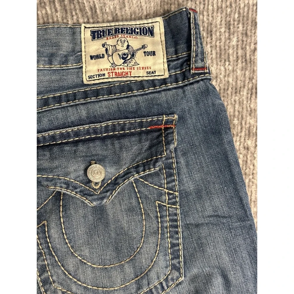 True Religion Straight Flap Old Multi Big T Distressed Blue Jeans Mens 40 X 34